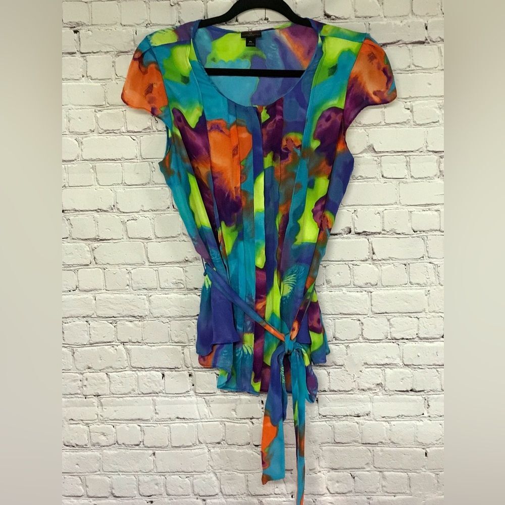 Worthington Multicolor Watercolor Floral Tie-Waist Blouse